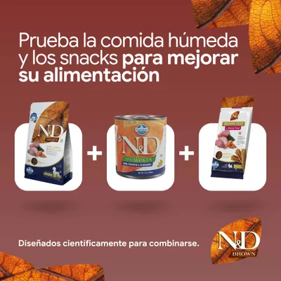 N&D Brown pienso, N&D Pumpkin comida húmeda y N&D Brown Coat Snack. Desarrollado científicamente para combinar y ofrecer una mejor nutrición. N&D Brown pienso, N&D Pumpkin comida húmeda y N&D Brown Coat Snack. Desarrollado científicamente para combinar y ofrecer una mejor nutrición.