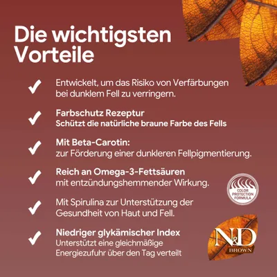 Die wichtigsten Vorteile: Farbschutz Rezeptur, Beta-Carotin, Omega-3-Fettsäuren, Spirulina, niedriger glykämischer Index. Unterstützt Fellfarbe und Gesundheit.