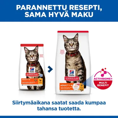 Hill's Science Plan Adult 1-6 kissanruoka, uusi ja vanha pakkausdesign, maininta ActivBiome+ Multi Benefit. Vaihtovaiheen aikana molempia pakkauksia voidaan toimittaa. Hill's Science Plan Adult 1-6 kissanruoka, uusi ja vanha pakkausdesign, maininta ActivBiome+ Multi Benefit. Vaihtovaiheen aikana molempia pakkauksia voidaan toimittaa.