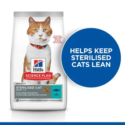 Hill's Science Plan Sterilised Cat Adult 1–6 with Tuna macskaeledel csomagolás, kék körben: HELPS KEEP STERILISED CATS LEAN. Látható márkanév és terméknév.