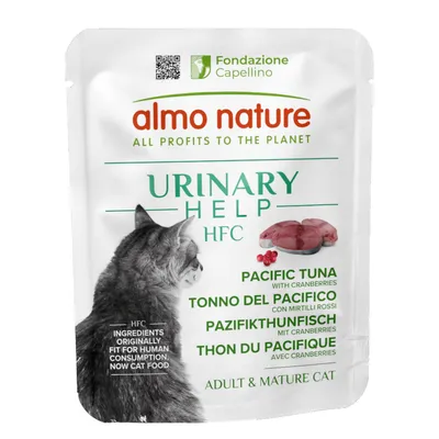 Almo Nature Urinary Help HFC Pacifische tonijn met cranberries. Ingrediënten oorspronkelijk geschikt voor menselijke consumptie, nu kattenvoer. Voor volwassen en oudere katten.