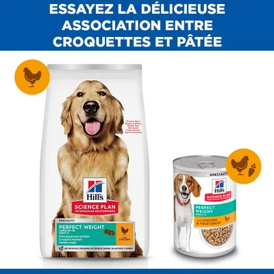 Hill's Science Plan Perfect Weight aliments secs et humides au poulet et légumes. Recommandation : combinaison de croquettes et de pâté pour une alimentation équilibrée. Hill's Science Plan Perfect Weight aliments secs et humides au poulet et légumes. Recommandation : combinaison de croquettes et de pâté pour une alimentation équilibrée.