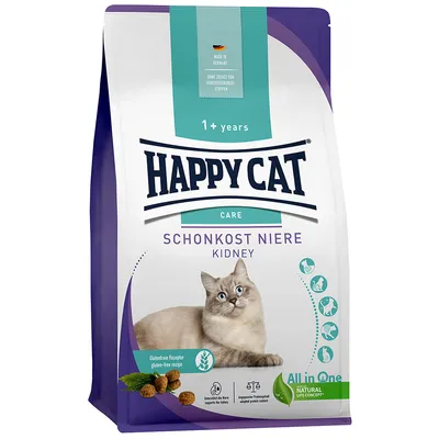 Sac de croquettes Happy Cat Care Schon Kost Niere Kidney, 1+ years, recette sans gluten, adapté aux reins, Natural Life Concept, image d’un chat beige sur l’emballage.