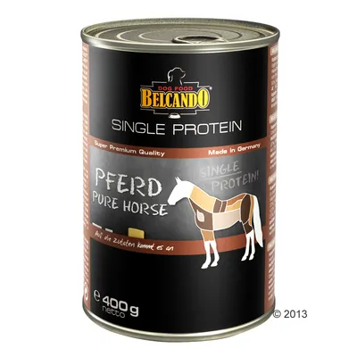 Boîte de nourriture pour chien Belcando Single Protein, Pferd Pure Horse, 400 g, texte en anglais et allemand, illustration de cheval, mention Made in Germany visible sur l’étiquette.