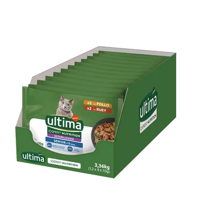 Ultima Expert Nutrition Sterilizado Senior +10 lat, 3,36 kg (12 x 70 g), z kurczakiem i wołowiną. Dla starszych, sterylizowanych kotów. Kontrolowane minerały dla zdrowych dróg moczowych.
