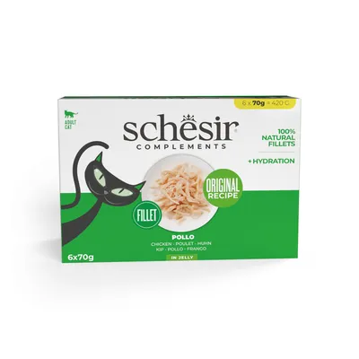 Schesir Complements, Original Recipe, 100% Natural Fillets, kyckling i gelé, 6x70g = 420g, för vuxna katter, med hydrering.