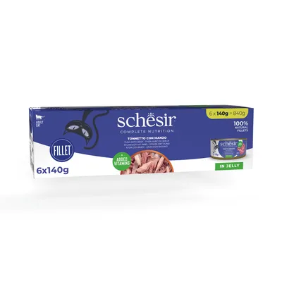 Schesir Complete Nutrition, риба тон с говеждо в желе, 6x140g, 100% натурални филета, с добавени витамини. За възрастни котки.