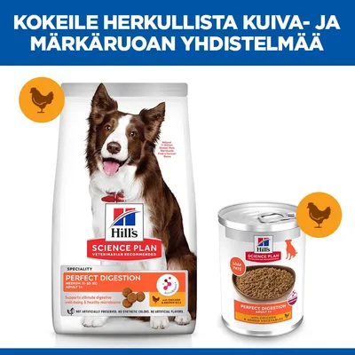 Hill's Science Plan Perfect Digestion -kuivaruoka ja märkäruoka koirille, kanan kanssa. Yhdistä kuivaruoka ja märkäruoka paremman ruoansulatuksen edistämiseksi. Hill's Science Plan Perfect Digestion -kuivaruoka ja märkäruoka koirille, kanan kanssa. Yhdistä kuivaruoka ja märkäruoka paremman ruoansulatuksen edistämiseksi.