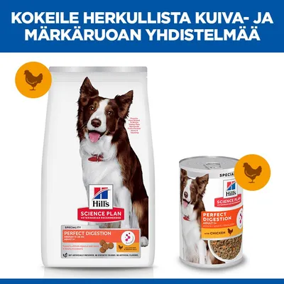 Hill's Science Plan Perfect Digestion kuiva- ja märkäruoka koirille, aikuisille, kananlihalla. Yhdistelmäehdotus kuiva- ja märkäruoalle. Hill's Science Plan Perfect Digestion kuiva- ja märkäruoka koirille, aikuisille, kananlihalla. Yhdistelmäehdotus kuiva- ja märkäruoalle.