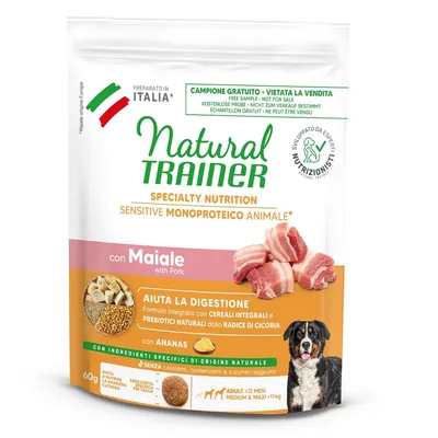 Natural Trainer Sensitive Monoproteico Animale mit Schwein und Ananas. Hilft der Verdauung, ohne Farbstoffe, Konservierungsstoffe oder Zuckerzusatz. Für Hunde ab 12 Monaten, Medium und Maxi >11kg.