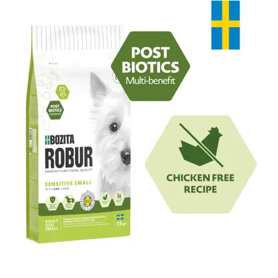 Bozita Robur Sensitive Small met lam, 7,5 kg. Post Biotics Multi-benefit. Chicken Free Recept. Zweedse vlag zichtbaar. Bozita Robur Sensitive Small met lam, 7,5 kg. Post Biotics Multi-benefit. Chicken Free Recept. Zweedse vlag zichtbaar.
