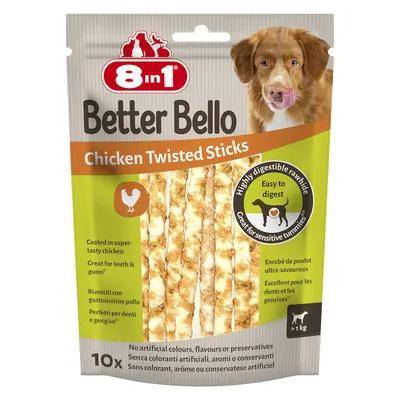8in1 Better Bello Chicken Twisted Sticks. Coated with chicken, easily digestible, ideal for sensitive stomachs. No artificial colours, flavours or preservatives. Pack contains 10 pieces.
