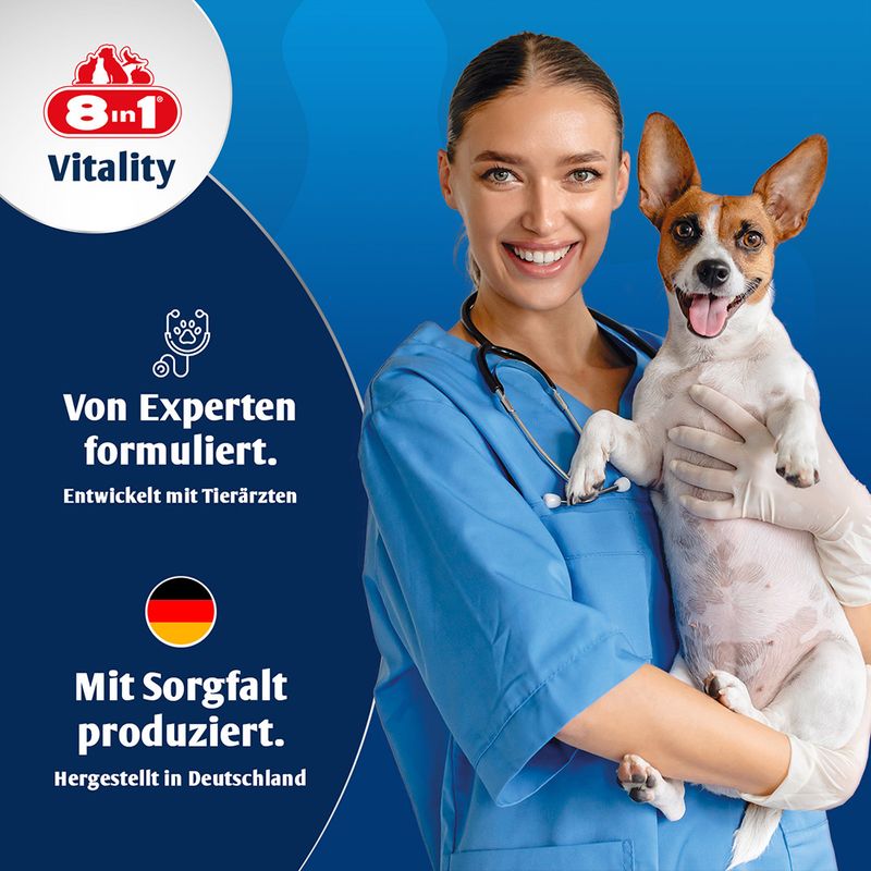 8in1 Vitality. Von Experten formuliert, entwickelt mit Tierärzten. Mit Sorgfalt produziert, hergestellt in Deutschland.