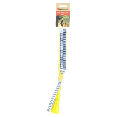 Flamingo Glow In The Dark zabawka dla psa, żółto-niebieski design z świecącymi elementami do zabawy przez 24 godziny.