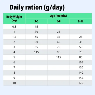 Tabla de alimentación: Ración diaria en gramos según el peso corporal (0,5–10 kg) y la edad (3–12 meses). Ejemplo: 2 kg, 6-8 meses = 45 g al día. Tabla de alimentación: Ración diaria en gramos según el peso corporal (0,5–10 kg) y la edad (3–12 meses). Ejemplo: 2 kg, 6-8 meses = 45 g al día.