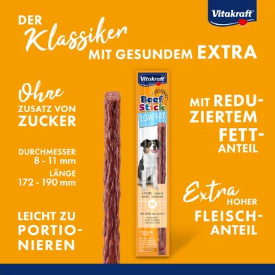Vitakraft Beef Stick Low Fat mit reduziertem Fettanteil, extra hohem Fleischanteil, ohne Zuckerzusatz. Durchmesser 8-11 mm, Länge 172-190 mm, leicht zu portionieren.