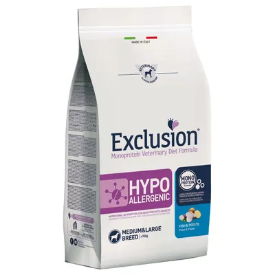Sacchetto di Exclusion Monoprotein Veterinary Diet Formula Hypoallergenic per cani taglia media e grande >10 kg, pesce e patate, Made in Italy, testo in inglese e italiano visibile.