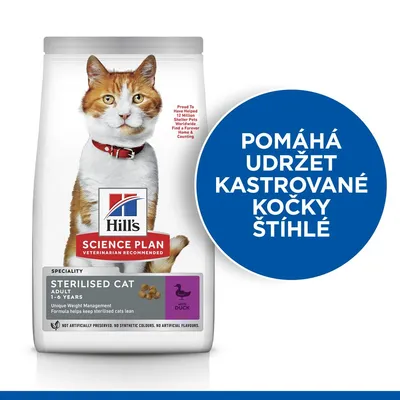 Hill's Science Plan Sterilised Cat Adult s kachnou, nápis: Pomáhá udržet kastrované kočky štíhlé. Balení s obrázkem kočky a informacemi o produktu.