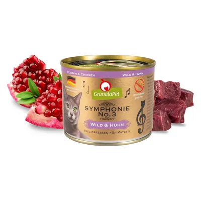 GranataPet Symphonie No.3 Wild & Huhn, Delikatessen für Katzen, ohne Getreide, hergestellt in Deutschland. Zutaten: Granatapfel und Fleischstücke.