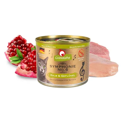 Scatoletta GranataPet Symphonie No.6 Kalb & Geflügel per gatti, con testo visibile: veal & poultry, delicatessen für Katzen; ingredienti visibili: melagrana, carne di vitello e pollame.