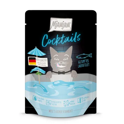 Mjamjam Cocktails, strimlad laxfilé. Hög kvalitet från tysk produktion. För kräsna drickare, finstrimlat kött, monoprotein, spannmålsfritt.