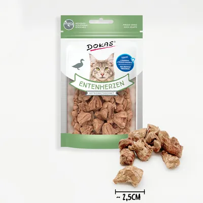 Dokas duck hearts, freeze-dried, resealable. Piece size approx. 2.5 cm. Tested by SGS Institut Fresenius.