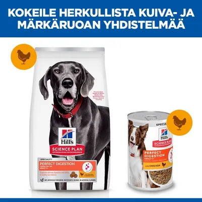 Hill's Science Plan Perfect Digestion kuiva- ja märkäruoka koirille, Adult 1+, kananlihalla. Yhdistelmäsuositus kuiva- ja märkäruoalle. Hill's Science Plan Perfect Digestion kuiva- ja märkäruoka koirille, Adult 1+, kananlihalla. Yhdistelmäsuositus kuiva- ja märkäruoalle.