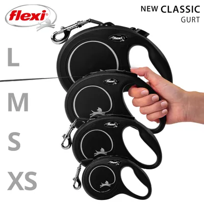 Flexi New Classic lesă cu bandă, mărimi XS, S, M și L. Lesă retractabilă neagră cu mâner ergonomic și logo argintiu.