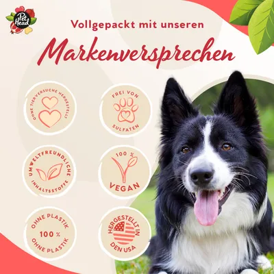 Markenversprechen: Ohne Tierversuche, frei von Sulfaten, umweltfreundliche Inhaltsstoffe, 100% vegan, ohne Plastik, hergestellt in den USA. Hund im Vordergrund.