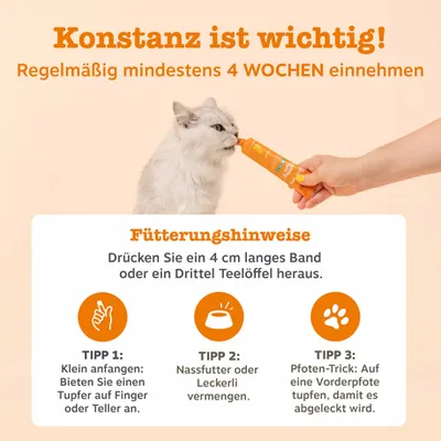 Konstanz ist wichtig: Regelmäßig mindestens 4 Wochen einnehmen. Fütterungshinweise: 4 cm Band oder ein Drittel Teelöffel herausdrücken. Tipps zum Anbieten und Vermengen. Konstanz ist wichtig: Regelmäßig mindestens 4 Wochen einnehmen. Fütterungshinweise: 4 cm Band oder ein Drittel Teelöffel herausdrücken. Tipps zum Anbieten und Vermengen.