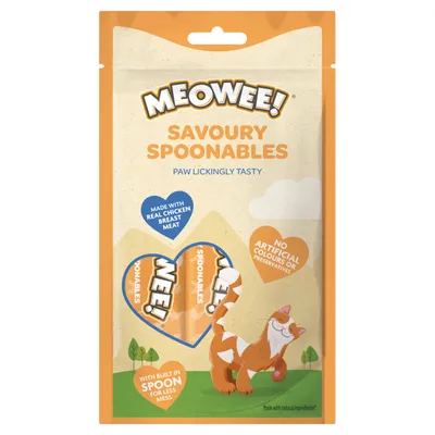 Meowee! Savoury Spoonables. Made with real chicken breast meat. No artificial colours or preservatives. Built-in spoon for less mess.