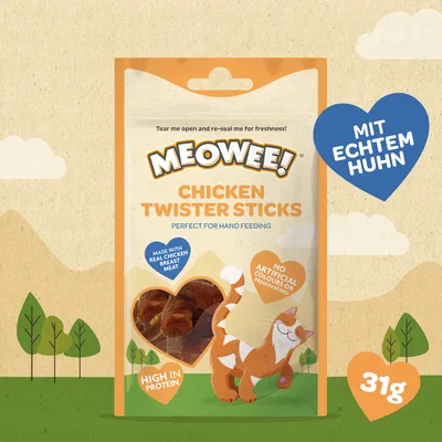 Meowee! Chicken Twister Sticks, με πραγματικό κοτόπουλο, χωρίς τεχνητές χρωστικές ή συντηρητικά, υψηλή περιεκτικότητα σε πρωτεΐνη, 31g. Ιδανικό για τάισμα στο χέρι.