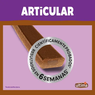 Barrita marrón con texto: ARTICULAR, científicamente probados resultados en 6 semanas, ultima. *Estudio científico interno.
