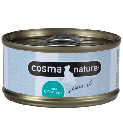 Konzerva Cosma Nature, vidljiv tekst: Tuna & Shrimps, IM EIGENEN SAFT. Prikazana metalna ambalaža s otvaračem na vrhu.