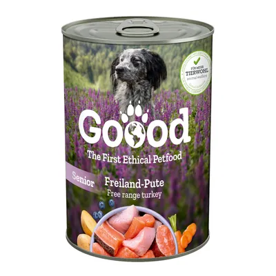 Goood Senior Freiland-Pute. The First Ethical Petfood. Für mehr Tierwohl. Dose mit Abbildung von Putenfleisch, Karotten und Heidelbeeren.