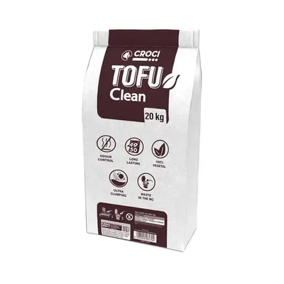 Croci Tofu Clean Katzenstreu, 20 kg. Eigenschaften: Geruchskontrolle, langanhaltend, 100% pflanzlich, ultra klumpend, entsorgbar in der Toilette.