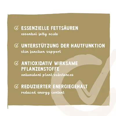 Essenzielle Fettsäuren, Unterstützung der Hautfunktion, antioxidativ wirksame Pflanzenstoffe, reduzierter Energiegehalt. Englische Übersetzungen sind ebenfalls abgebildet. Essenzielle Fettsäuren, Unterstützung der Hautfunktion, antioxidativ wirksame Pflanzenstoffe, reduzierter Energiegehalt. Englische Übersetzungen sind ebenfalls abgebildet.