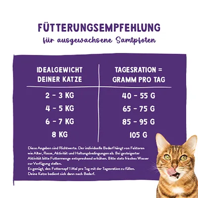 Fütterungsempfehlung für ausgewachsene Katzen: 2-3 kg = 40-55 g, 4-5 kg = 65-75 g, 6-7 kg = 85-95 g, 8 kg = 105 g pro Tag. Hinweise zur Anpassung und Wasser bereitstellen. Fütterungsempfehlung für ausgewachsene Katzen: 2-3 kg = 40-55 g, 4-5 kg = 65-75 g, 6-7 kg = 85-95 g, 8 kg = 105 g pro Tag. Hinweise zur Anpassung und Wasser bereitstellen.