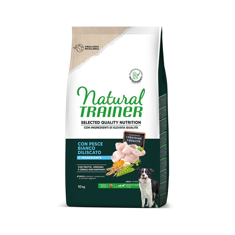 Natural Trainer Hundefutter mit weißem Fisch, Obst, Gemüse und unraffinierten Getreiden. Ohne Farbstoffe, Konservierungsstoffe und Zuckerzusätze. Verpackung 10 kg, recycelbar.
