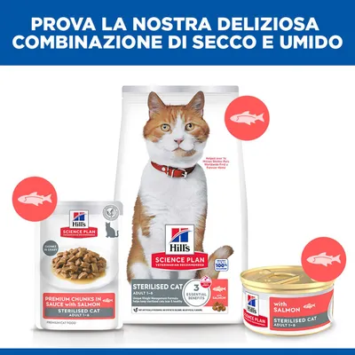 Hill's Science Plan Sterilised Cat Adult 1-6 con salmone, combinazione di alimento secco e umido, confezioni del prodotto visibili. Hill's Science Plan Sterilised Cat Adult 1-6 con salmone, combinazione di alimento secco e umido, confezioni del prodotto visibili.