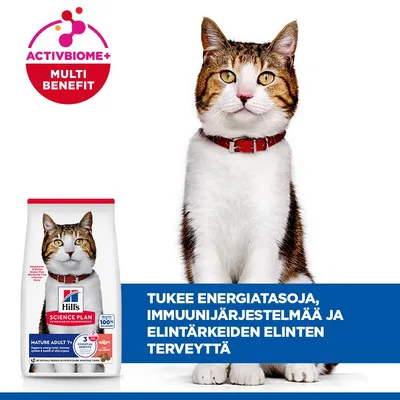 Hill's Science Plan Mature Adult 7+ -kissanruoka ActivBiome+ Multi Benefit. Tukee energiatasoa, immuunijärjestelmää ja elintärkeiden elinten terveyttä. Hill's Science Plan Mature Adult 7+ -kissanruoka ActivBiome+ Multi Benefit. Tukee energiatasoa, immuunijärjestelmää ja elintärkeiden elinten terveyttä.