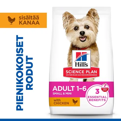 Hill's Science Plan Adult 1-6 Small & Mini kanaa, 3 tärkeää hyötyä, sisältää kanaa. Pienille roduille. Hill's Science Plan Adult 1-6 Small & Mini kanaa, 3 tärkeää hyötyä, sisältää kanaa. Pienille roduille.