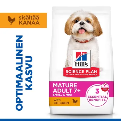 Hill's Science Plan Mature Adult 7+ Small & Mini kanaa, 3 tärkeää hyötyä, sisältää kanaa, optimaalinen kehitys. Hill's Science Plan Mature Adult 7+ Small & Mini kanaa, 3 tärkeää hyötyä, sisältää kanaa, optimaalinen kehitys.
