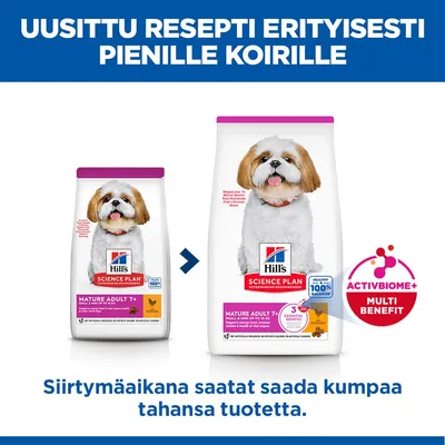 Hill's Science Plan Mature Adult 7+ Small & Mini kanaa, uusi ja vanha pakkausdesign, maininta ActivBiome+ Multi Benefit -ominaisuudesta ja 100 % tasapainoisesta ravinnosta. Hill's Science Plan Mature Adult 7+ Small & Mini kanaa, uusi ja vanha pakkausdesign, maininta ActivBiome+ Multi Benefit -ominaisuudesta ja 100 % tasapainoisesta ravinnosta.