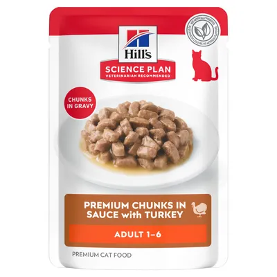 Hill's Science Plan Pedaços Premium em Molho com Peru, Adulto 1-6, Pedaços em Molho, Alimento Premium para Gatos. Sem corantes, aromatizantes ou conservantes artificiais.