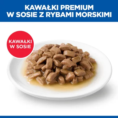 Premium kawałki w sosie z rybami morskimi, podane na białym talerzu. Czerwone koło z tekstem: Kawałki w sosie. Premium kawałki w sosie z rybami morskimi, podane na białym talerzu. Czerwone koło z tekstem: Kawałki w sosie.
