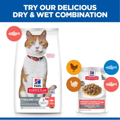 Hills Science Plan Sterilised Cat dry and wet food for adult cats, with salmon. Combination of dry food and premium chunks in sauce shown. Hills Science Plan Sterilised Cat dry and wet food for adult cats, with salmon. Combination of dry food and premium chunks in sauce shown.