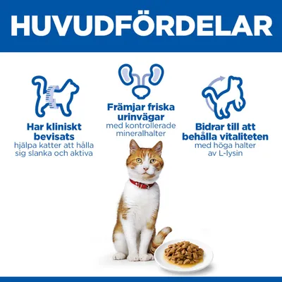 Kliniskt bevisat, hjälper katter att bibehålla en slank och aktiv kropp. Främjar friska urinvägar med kontrollerade mineraler. Bidrar till vitalitet tack vare högt innehåll av lysin.