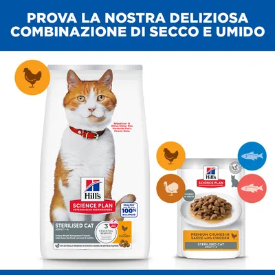 Hill's Science Plan Sterilised Cat Adult crocchette e alimento umido con pollo. Combinazione di crocchette e premium chunks in sauce con pollo, per gatti sterilised. Hill's Science Plan Sterilised Cat Adult crocchette e alimento umido con pollo. Combinazione di crocchette e premium chunks in sauce con pollo, per gatti sterilised.