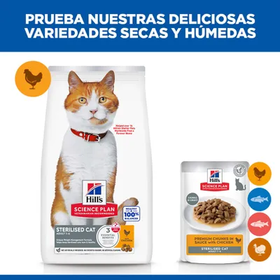 Hill's Science Plan Sterilised Cat Adult pienso y comida húmeda con pollo. Pruebe nuestras deliciosas variedades, en seco y húmedo.
